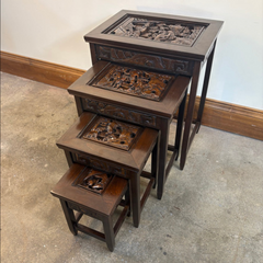 Early 1900's Japanese Hand Carved Set of Four Nesting Tables w/ Glass Inserts Available, Sku 033774