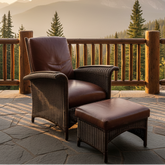 Restoration Hardware Deck Chair, Ottoman Set in Brown Wicker, Leather Cushions Adjustable, Sku: 033779