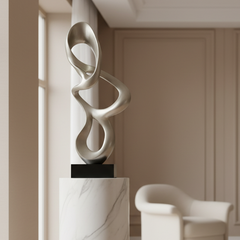 John Richard Resin Sculpture, Features Silver Tri-loop Design on Black Base, Sku 033797
