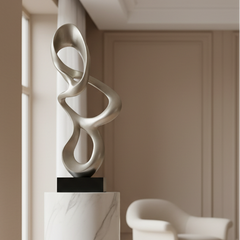 John Richard Resin Sculpture, Features Silver Tri-loop Design on Black Base, Sku 033797