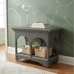 Double Arch Design Wicker Console Table or Bar Cart on Casters w/ Gray Painted Finish, Sku 033796