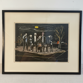 Original Woodcut of Mourners, Framed, Under Glass, Sku 033793