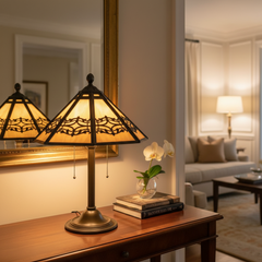 Vintage Slag Glass and Detailed Metal Table Lamp w/ 2 Sockets & Pull Chains, Sku 033820