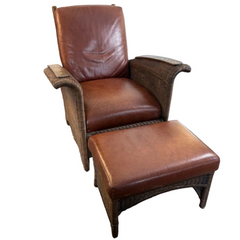 Restoration Hardware Deck Chair, Ottoman Set in Brown Wicker, Leather Cushions Adjustable, Sku: 033779