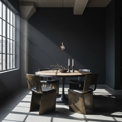 Four Hands Round Dining Table with Textured Tulip Base, Table Surface is Rough Hewn Wood Surrounded in Metal with Rivets, Sku 033836