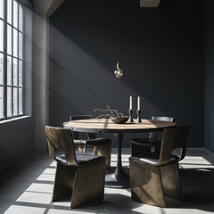 Four Hands Round Dining Table, Textured Tulip Base, Rough Hewn Wood Surface, Metal with Rivets, Sku: 033836