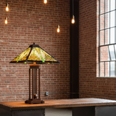 Quoizel Lighting Square Mission Style Table Lamp with Metal Base and Stained Glass Shade, Sku 033840