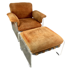 Vintage Polflex Artegna Lounge Chair, Lucite, Chrome Frame, Burnt Orange Suede Leather & Ottoman Set, Sku: 30363