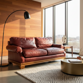 Stanford Leather Sofa in Rustic Oxblood Color Rolled Arms on a Plinth Style Base Sku 033888