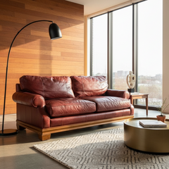 Stanford Leather Sofa in Rustic Oxblood Color Rolled Arms on a Plinth Style Base Sku 033888