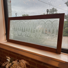 Antique Etched Glass Window Framed in New Wood w/ Hand Forged Mounting Hooks, Sku 033976