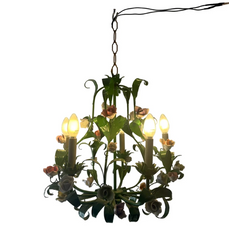Italian Metal Toleware 5 Arm Chandelier Painted a Lush Green with Pastel Flowers, Sku 033325