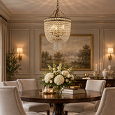 Ethan Allen Basket Chandelier in Silvertone Structure, Linked Crystal Coins, Sku 034013