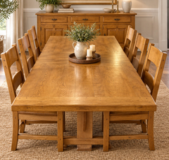 Dining Set, Table, 6 Chairs, Made in Belgium, French Oak, Trestle Base, 1 Leaf, Sku 034005