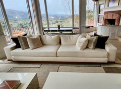 Custom Cream Upholstered Sofa, Wood Trim, Modernist Style, sku: 032765