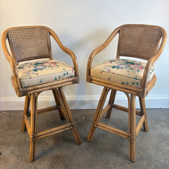 Pair of Ficks Reed Rattan Swivel Barstools Double Caned Back & Upholstered Seat, Sku 033926
