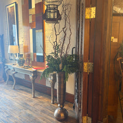 Metal Floor Vase, Antique Brass Finish, Filled with Faux Evergreens and Curly Willow Branches, Sku 033469