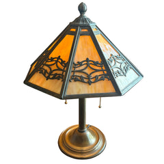 Vintage Slag Glass and Detailed Metal Table Lamp w/ 2 Sockets & Pull Chains, Sku 033820