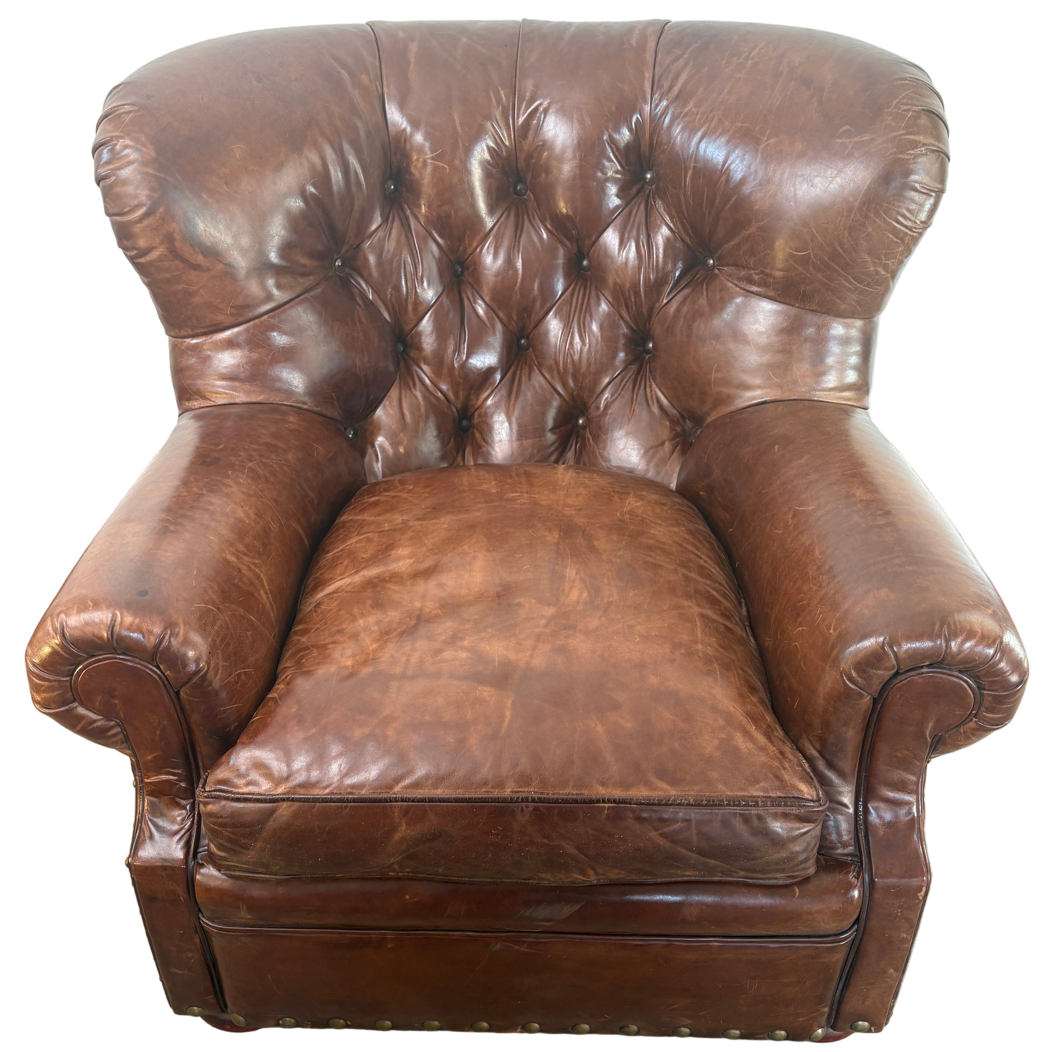 Ralph Lauren Leather Tufted Back Arm Chair with Bun Feet and XL Nail Head Detail, Sku 033075