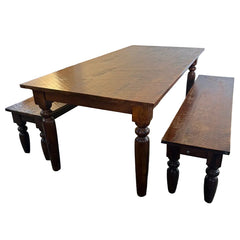 Dining Ensemble Farm Table, 2 Benches, Hand Scraped, Turned Legs, Medium Tone Wood, Sku 034113