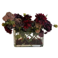 Faux Floral Arrangement Purple & Burgundy Color Story Featuring Dahlia and Hydrangea w/ Clear Glass Rectangular Vessel, Sku 033977