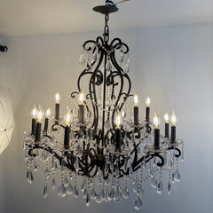Large Black Wrought Iron Chandelier with Tear Crystals, Sku 033958