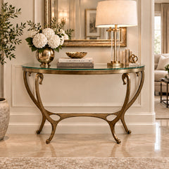 Thomasville Glass and Steel Demilune Console Table. Base Color is Umber and the Shape Features Swoops and Convex Curves, Sku 034040