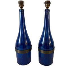 Pair of Wine Bottle Sconces Cobalt & Antique Brass Fittings, Sku 033604
