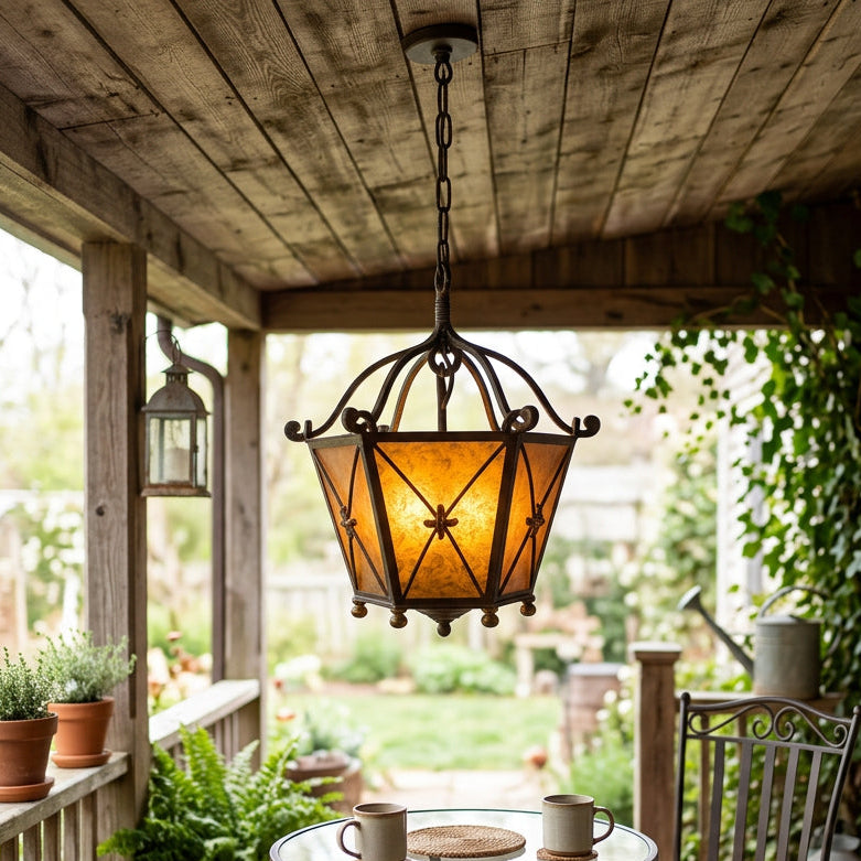Pendant Light Hexagonal Metal Structure Amber Glass Bronze Finish Gold Accents, Sku 034156