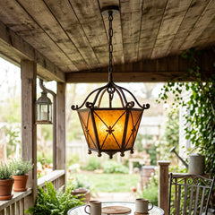 Pendant Light Hexagonal Metal Structure Amber Glass Bronze Finish Gold Accents, Sku 034156