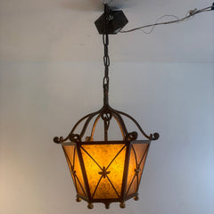 Pendant Light Hexagonal Metal Structure Amber Glass Bronze Finish Gold Accents, Sku 034156