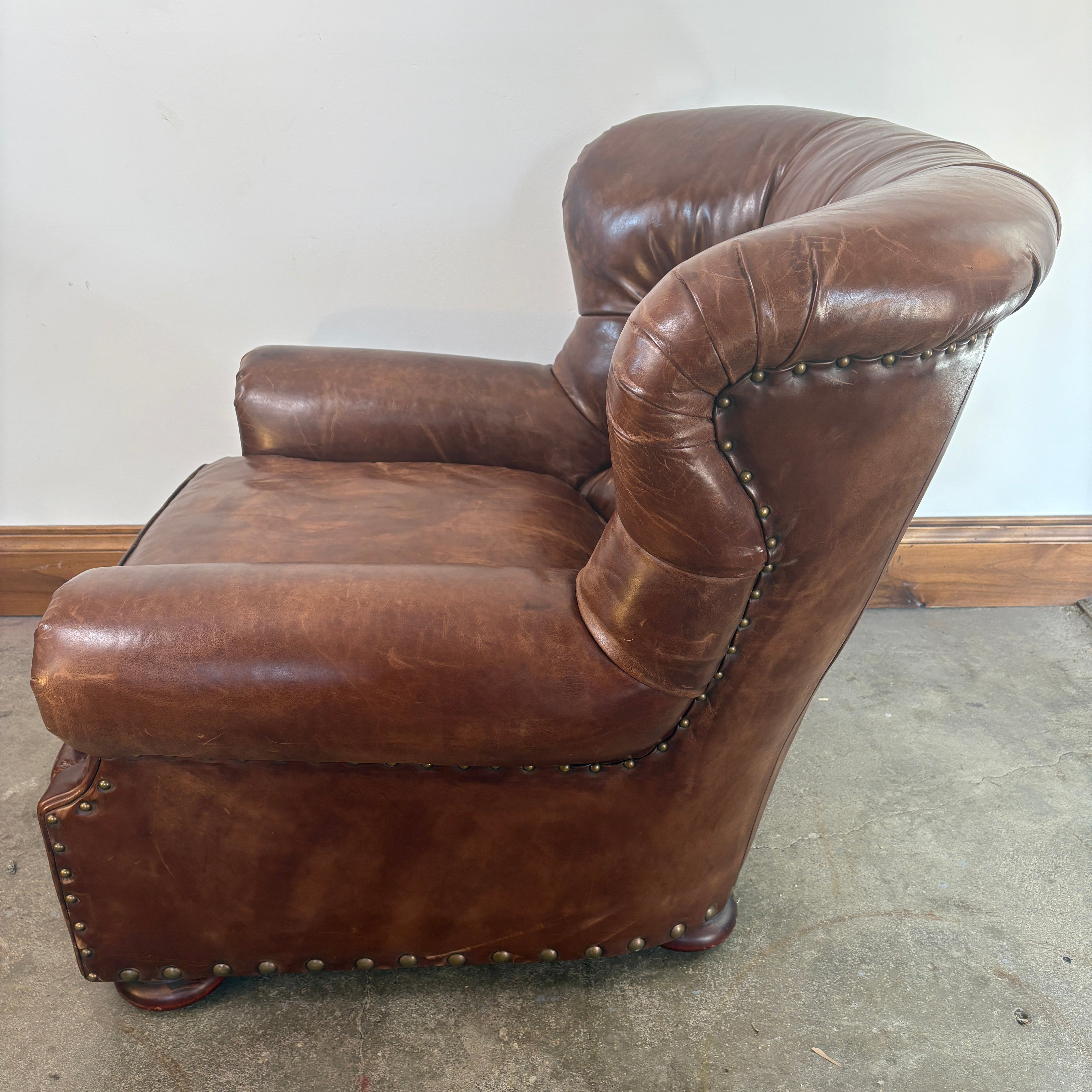 Ralph Lauren Leather Tufted Back Arm Chair with Bun Feet and XL Nail Head Detail, Sku 033075
