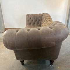 Sway Back Leather Tufted Sofa, Cocoa Brown Color, Turned Legs, Nail Head Detail, Sku: 033526