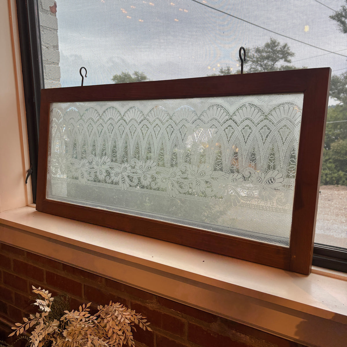 Antique Etched Glass Window Framed in New Wood w/ Hand Forged Mounting Hooks, Sku 033976