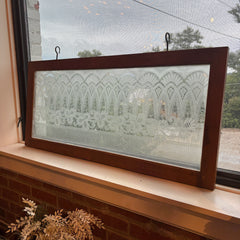 Antique Etched Glass Window Framed in New Wood w/ Hand Forged Mounting Hooks, Sku 033976