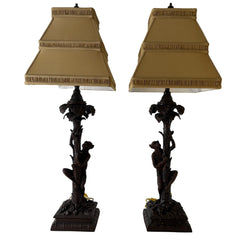 Pair of Bronze Table Lamps w/ Palm Tree & Monkeys, Beige Silk & Pleated Shade, Sku 033089