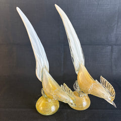 Pair of Art Glass Birds, Possibly Murano, Clear, White and Gold Speckles, 033871