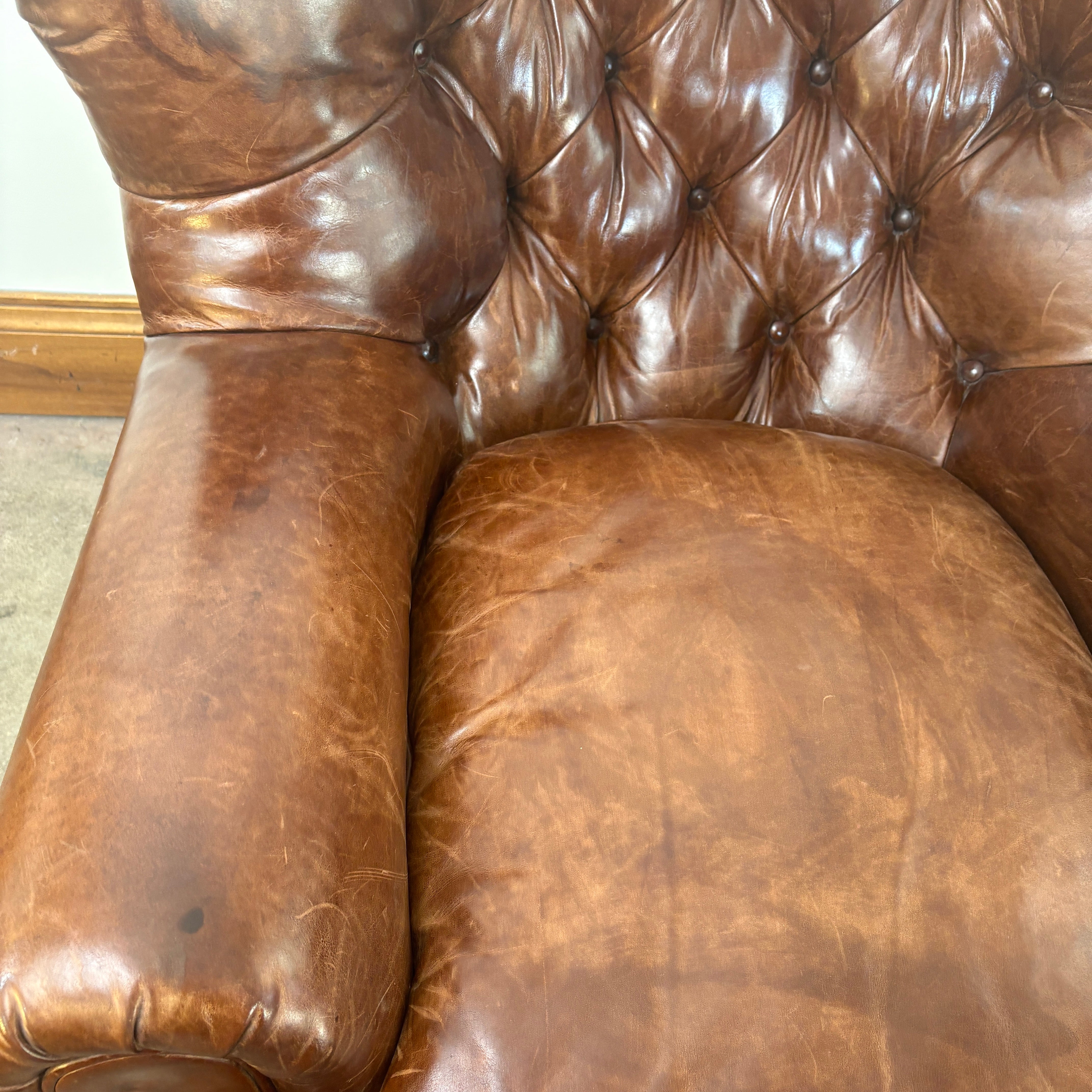 Ralph Lauren Leather Tufted Back Arm Chair with Bun Feet and XL Nail Head Detail, Sku 033075