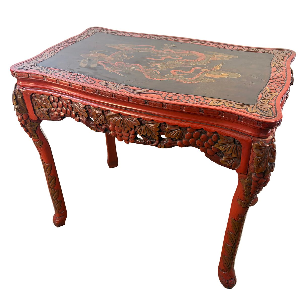 Vintage Japanese Carved Wood and Lacquer Finish Table or Desk, Hand Painted Dragon Motif, Meiji Period, Sku 033519