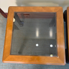 Pair of Square Side Tables, Two-Tone Wood, Smoked Beveled Glass Top, Sku 034072