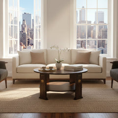 Stickley Round Coffee Table Dark Oak w/ Marquetry Detail, Sku 033990