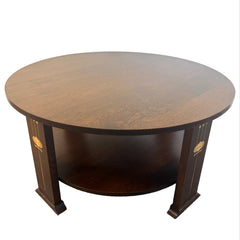 Stickley Round Coffee Table Dark Oak w/ Marquetry Detail, Sku 033990