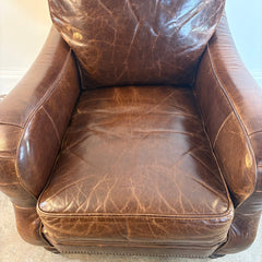 Leather Arm Chair Chocolate Brown with Nail Head Detail and Spool Feet, Sku 034093
