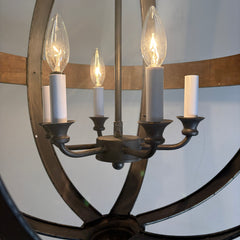 Pendant Light, 6 Candle Lights, Rustic Wood and Metal Globe, Sku 033761