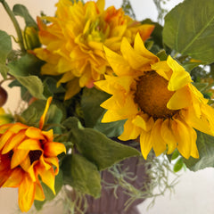 Faux Floral Arrangement Yellow Dahlias & Sunflowers in Sand Resin Urn, Sku 033980