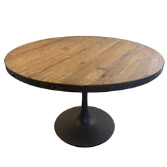 Four Hands Round Dining Table with Textured Tulip Base, Table Surface is Rough Hewn Wood Surrounded in Metal with Rivets, Sku 033836