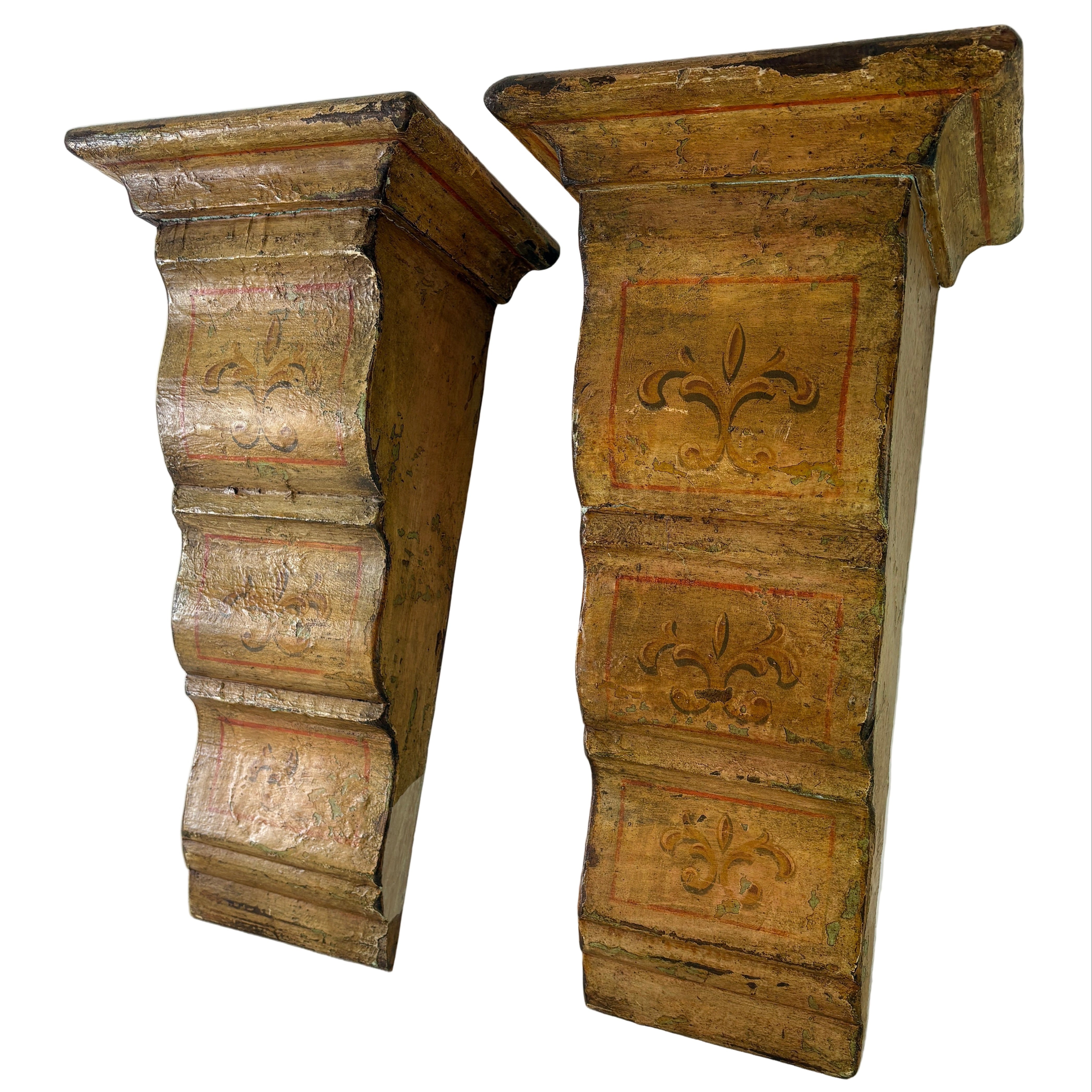 Pair of Wood Corbels, Hand Painted, Fleur de Lis Motif, Sku 033093
