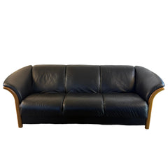 Ekornes Black Leather Sofa, Teak Wood Trim, Attached Seat Cushions, Sku 034106