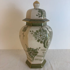 Japanese Kutani Ginger Jar Green and Cream Crackle Glaze with Hand Painted Peacock and Floral Motif, PLEASE NOTE CHIP AND INTERIOR REPAIR, Sku:  033917