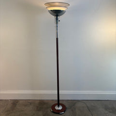 Gilbert Rode MCM Chrome/Cocoa Brown Art Deco Machine Age Torchiere, Mutual Sunset Lamp Co 1934, Sku 034028